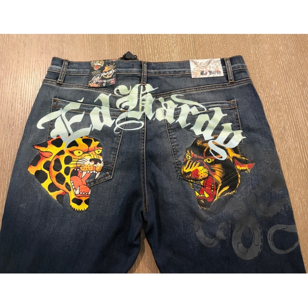 Ed Hardy Men's 36x37 Dark Wash Stacked Bootcut Jeans Tiger Panther Graphic NWT